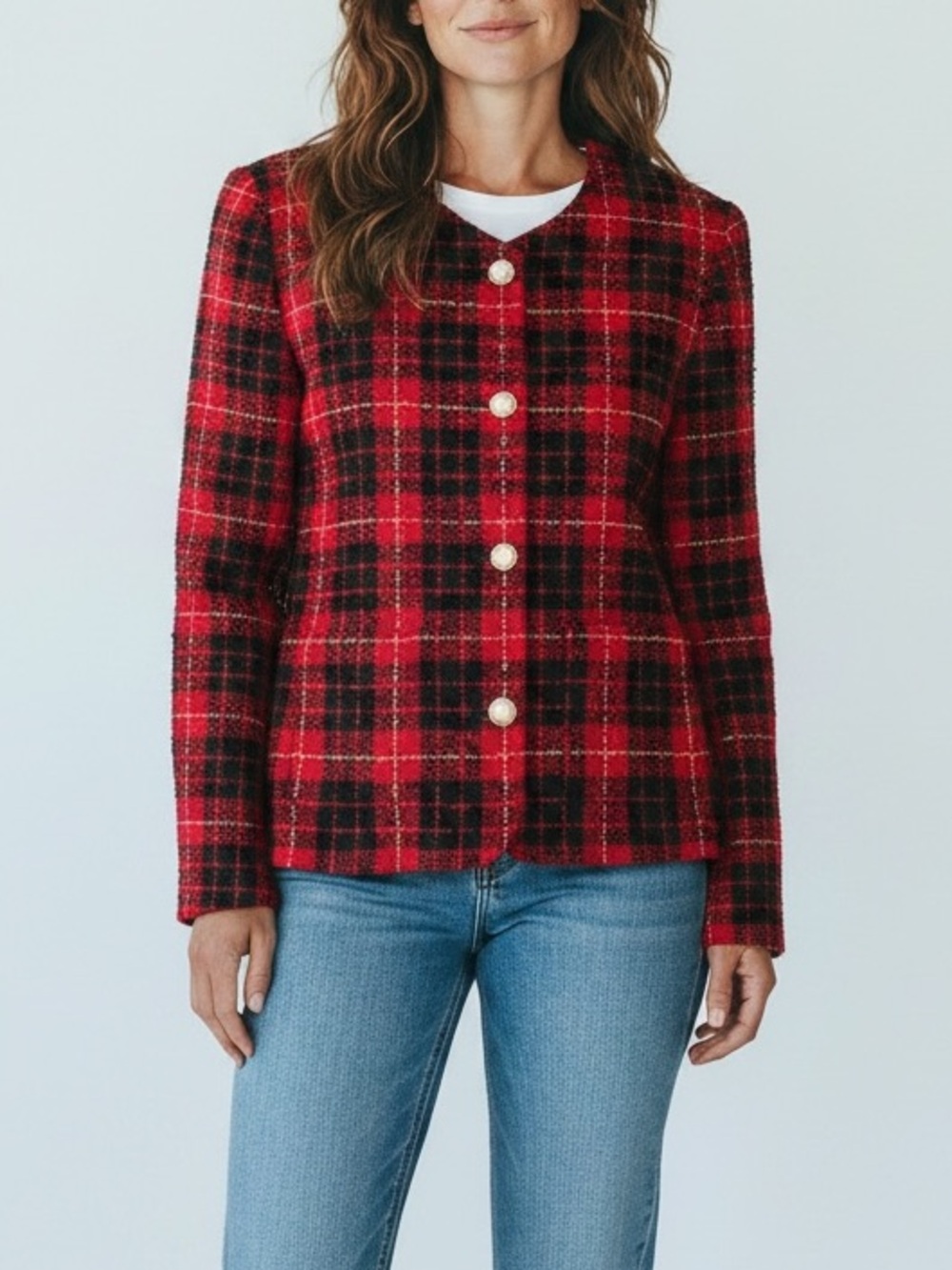Charter Club Plaid Tweed Jacket Women 10 Red